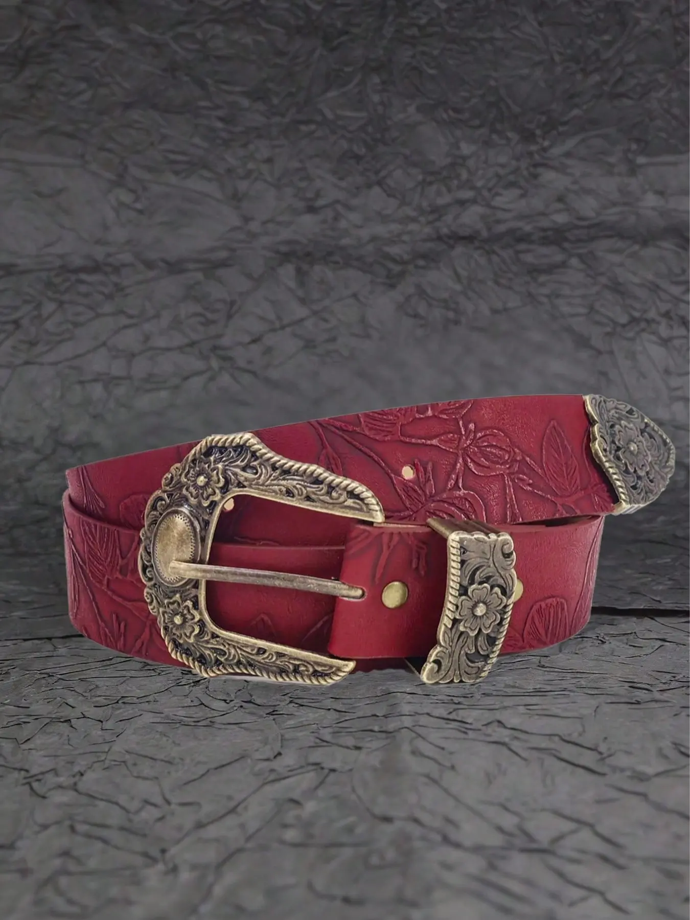 Men's Boho Belt, Belt with Buckle, Wine Western Style Buckle, Plain Pattern, All-Season Accessory, Perfect for Streetwear & Daily Wear, Western Cowboy Belts