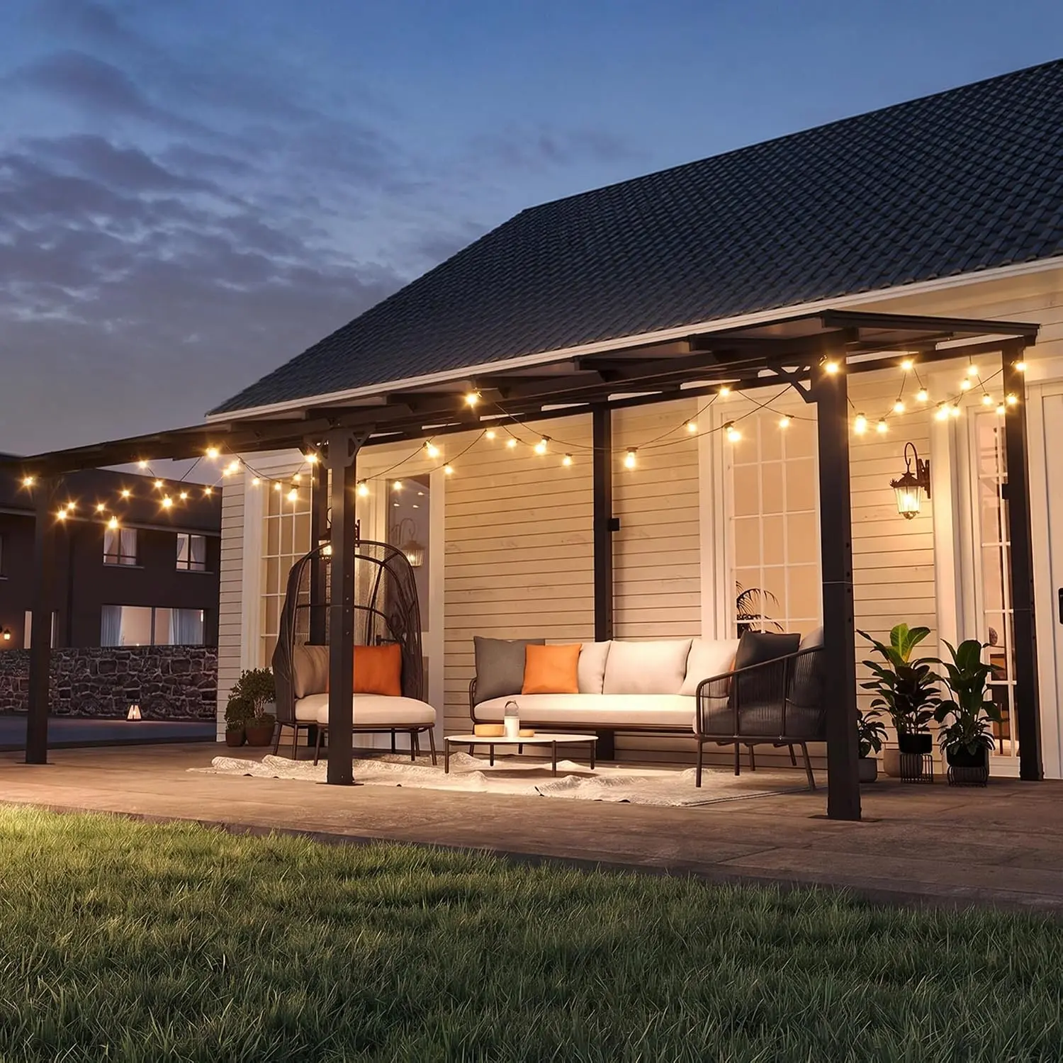 10' x 20' Wall-Mount Lean-To Gazebo Pergola, Outdoor Patio Hardtop Metal Galvanized Steel Structure on Clearance with Lights, Polycarbonate Roof, Awnings for Backyard, Deck, Gazebo Outdoor ， pool lawn backyard