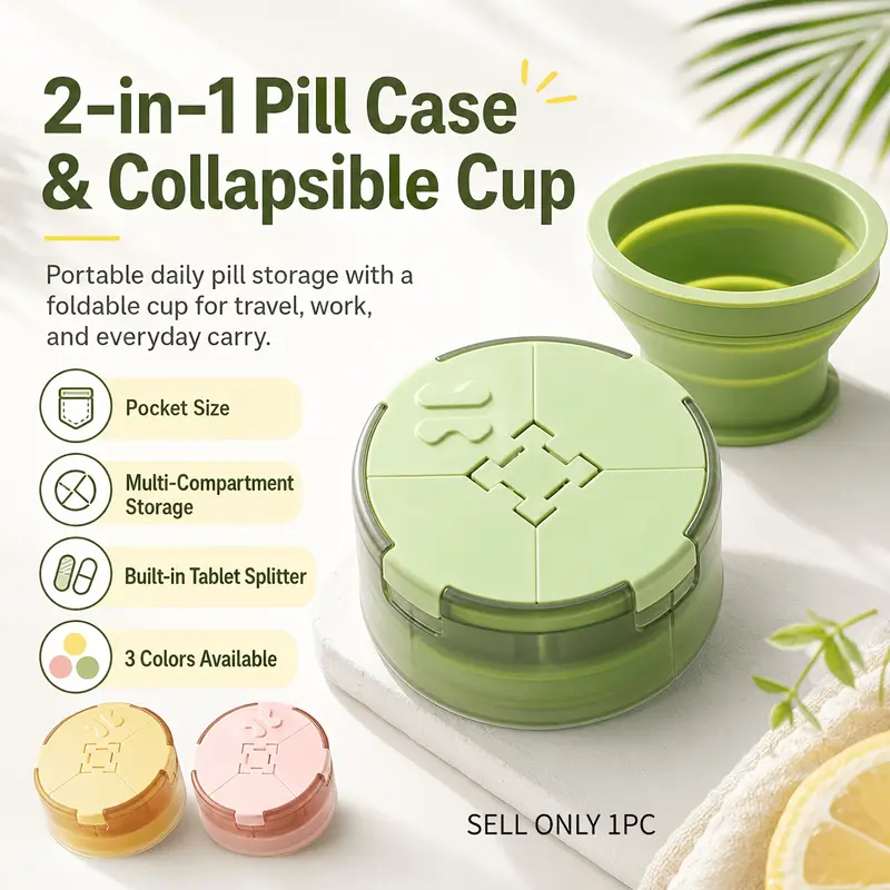 2 in 1 Pill Box With Pill Cutter Multi Compartment Travel Medicine Case Pocket Silicone Foldable Water Cup For Vitamins Tablets Travel Office Supplement Organizer
