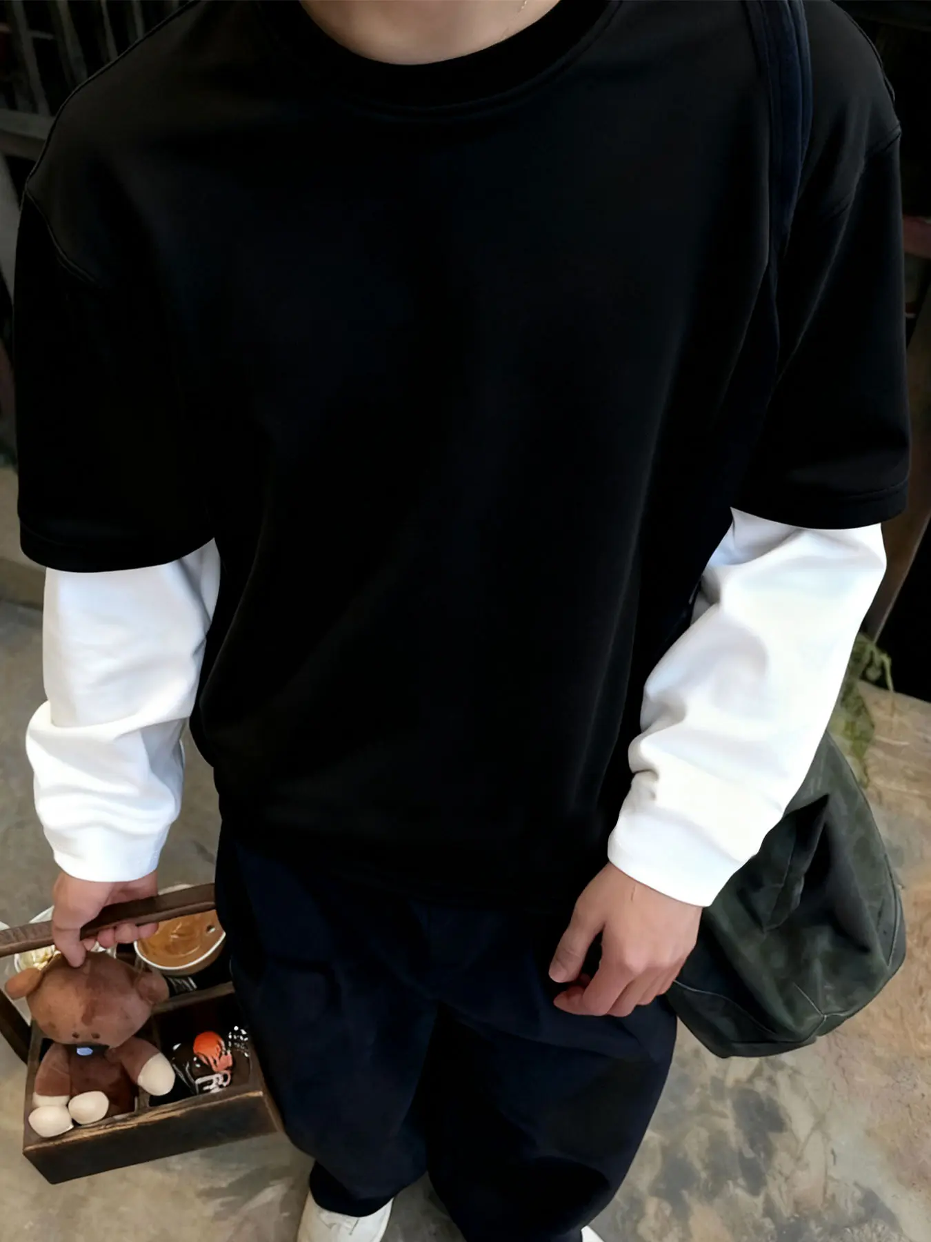 Men's Colorblock Long Sleeve T-Shirt, Layered Sleeve Design, Casual Round Neck Top, Trendy Streetwear, Fashionable and Versatile, Stylish Fitted Fit