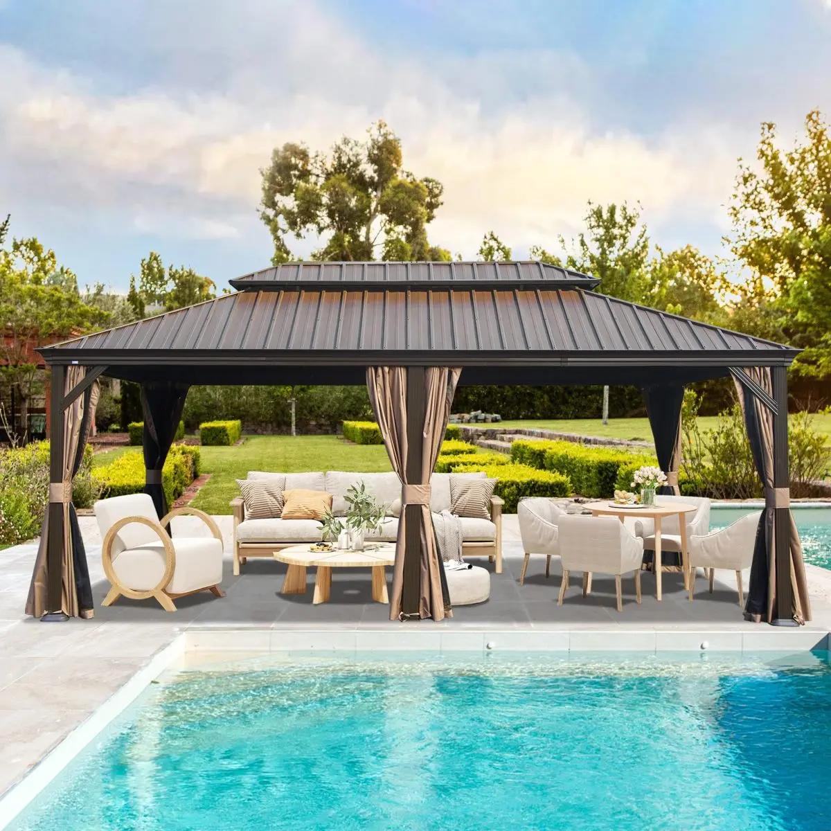 Aobtkel 14' x 22' Hardtop Metal Gazebo with Galvanized Steel Roof, Drainage System, Curtain, Netting, On-Site Setup, Outdoor Shelter Canopy for Patio, Garden, Metal Frame