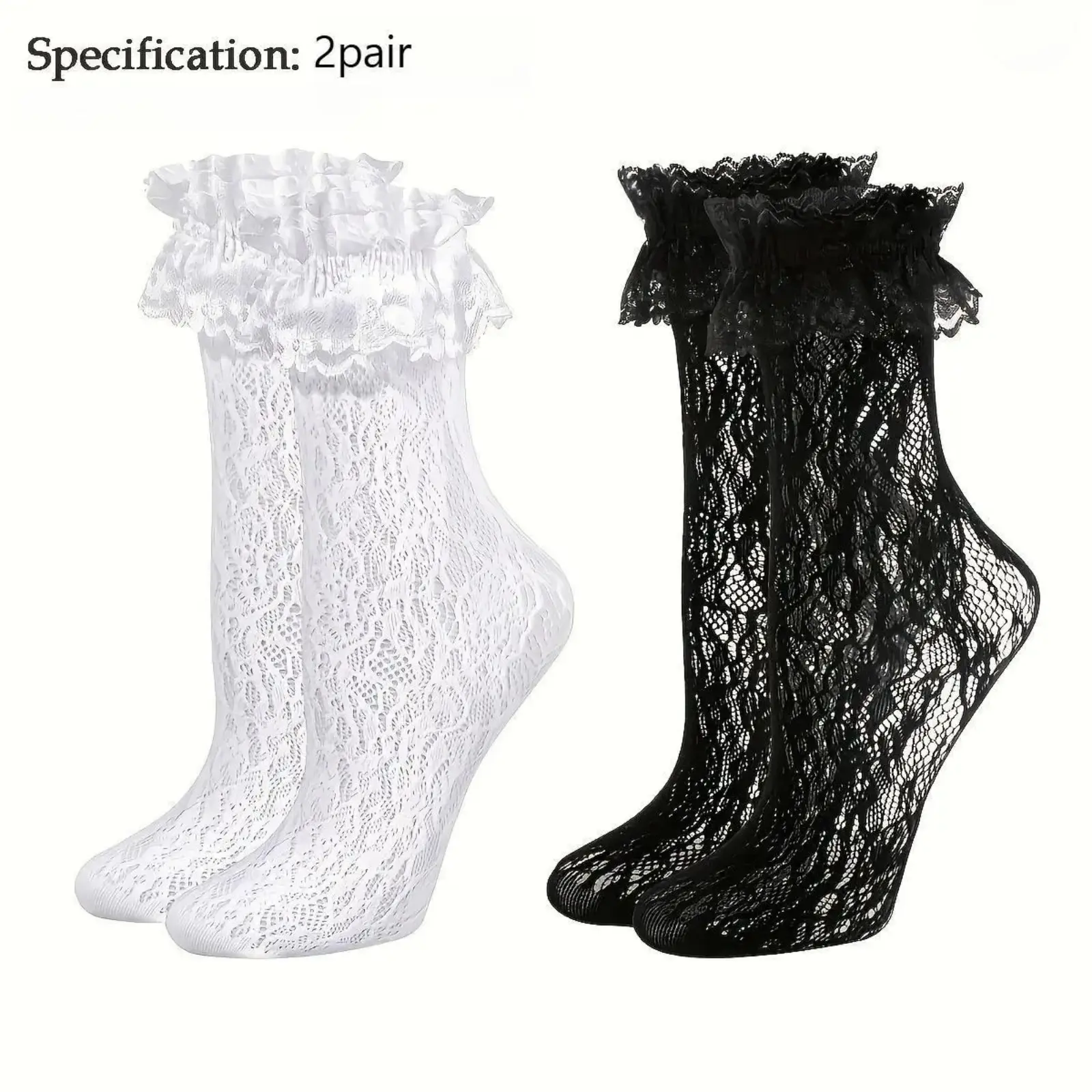 Women's 2-Pcs Y2K Lace Crew Socks, Black & White Coquette Frilly Breathable Lightweight Aesthetic Knee-High/Slouch Style, Casual Spring Summer Daily Wear Balletcore Outfit Accessories