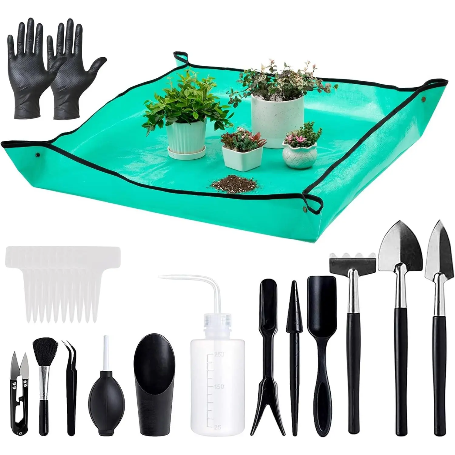 25Pcs Mini Garden Hand Transplanting Succulent Tools Set, 39.4" Thickened Repotting Mat & Plant Tag, Miniature Planting Indoor Fairy Care, Potting, Cactus, Houseplant Bonsai Tool Kit (Black)