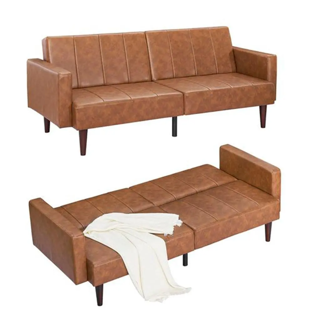 GARVEE75" Futon Sofa Bed, Mid-Century Modern Futon Couch, Convertible Sleeper Sofa with Adjustable Backrest, Loveseat, Small Sofa with Side Pockets, PU Leather Sofa Couch for Living Room, Brown