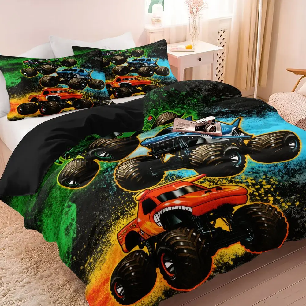 2/3Pcs Monster Truck Duvet Cover Set, Boys Kids Bedding Set with Vibrant Racing Car Prints, Soft Microfiber Bed Cover with Pillowcase, Fun Bedroom Decor for Toddlers & Teens, Machine Washable No Fillers