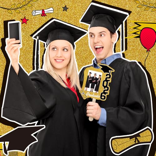 24 Pack Class of 2026 Graduation Fans with Handle Double Sided Grad Photo Props for Keepsake Gifts Graduation Party Supplies