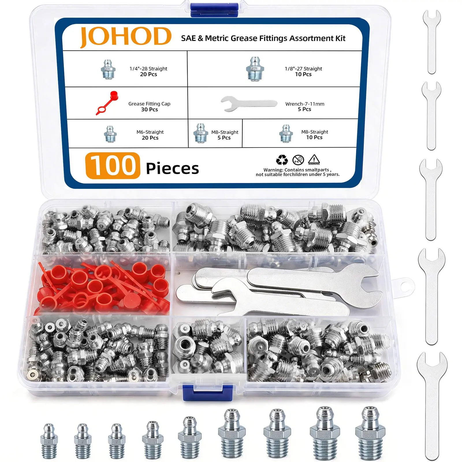 100Pcs Grease Fittings Kit, SAE Metric Straight Zerk Fittings with Caps Wrenches for Auto Truck Tractor Machinery.