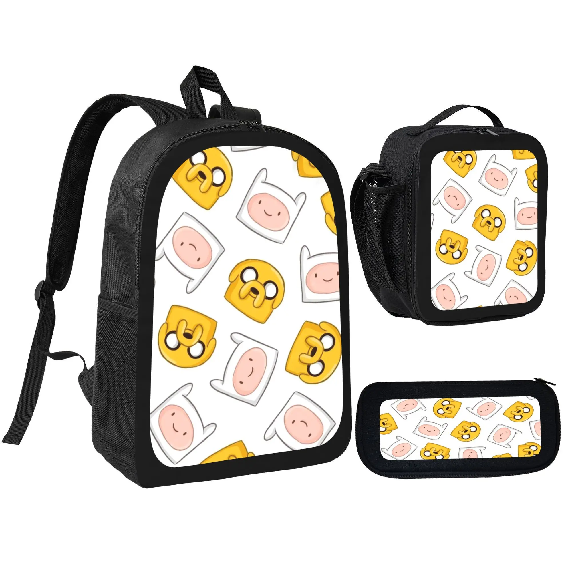 3-Piece Adventure Time4 Anime Print Backpack Kit, Unisex Student Bookbag Includes Lunch Bag & Pencil Box, Casual Daily Sports Backpack Gift for Youth