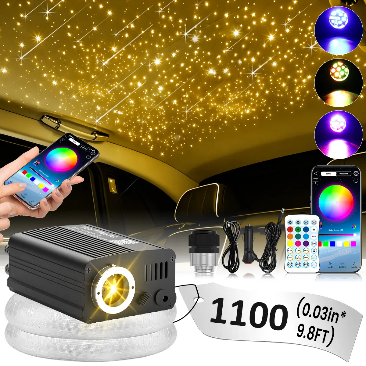 1100PCS 9.85FT Twinkle Meteor Shooting Star Fiber Optic Car Headliner Star Light Kit Roof Ceiling LED Lamp Auto Interior Bedroom Atmosphere Decor Lighting