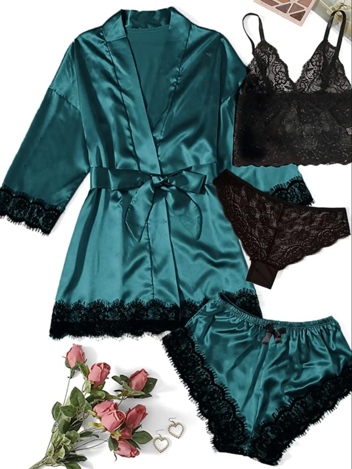 Women's Contrast Lace Pyjama Set, Comfy Cozy Bra & Panty & Belted Robe & Elastic Waist Shorts Pj Set for Daily Home Wear, Loungewear Set for Women, Soft Pajamas