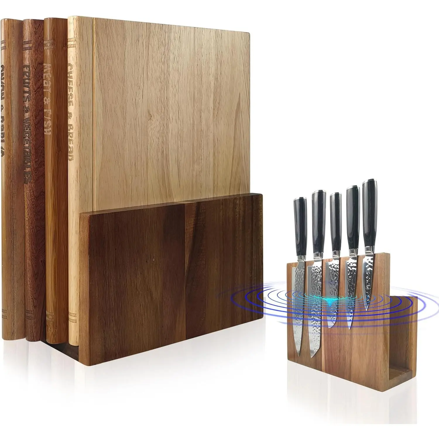 4 Pcs Book Cutting Board Set With Magnetic Knife Holder,Non Toxic Book Wood Cutting Boards With Labels,Made Of Four Different Solid Woods,Chopping Board For Kitchen Decoration (No Knives)(4)
