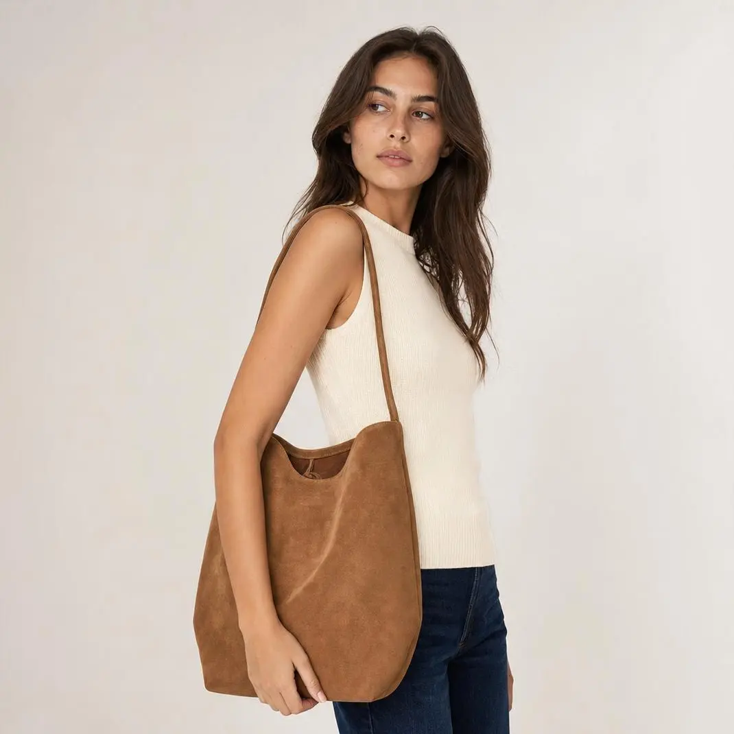Women's Brown Suede Slouchy Hobo Tote Bag - Solid Color, Long Strap Shoulder Purse, Minimalist Bucket Handbag for Work/Travel, Fall Outfits Vintage Casual Accessory, Trendy Gift for Her (Sports & Outdoor Gym Bag)