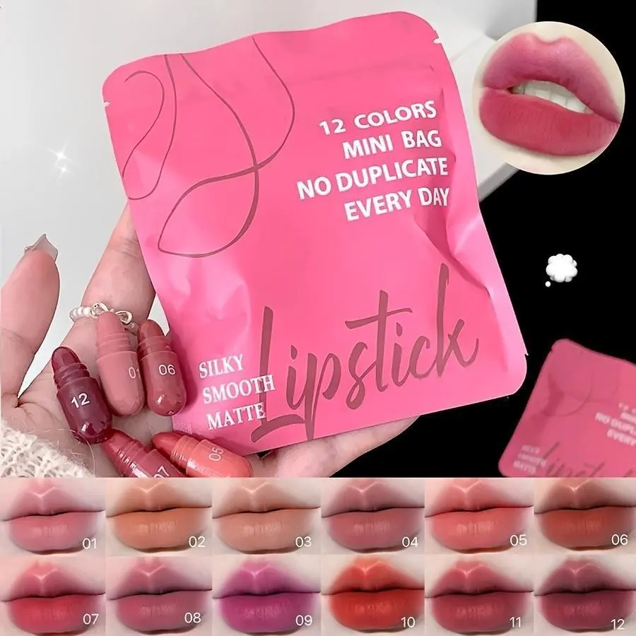 12 Matte Natural Lipstick Set, Capsule Lip Glaze, Rich Silky Colors, Mini Cute Design, Long-Lasting Non-Fading, Holiday Gift