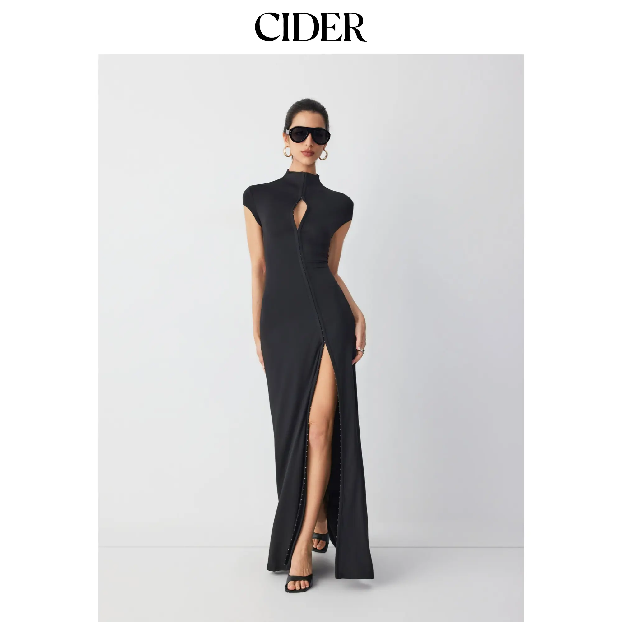 Cider High Neck Asymmetrical Cut Out Split A-line Maxi Dress SohoChic