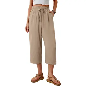 Womens Wide Leg Capri Pants Paper Bag High Waisted Trendy Flowy Summer Beach Cropped Palazzo with Pockets
