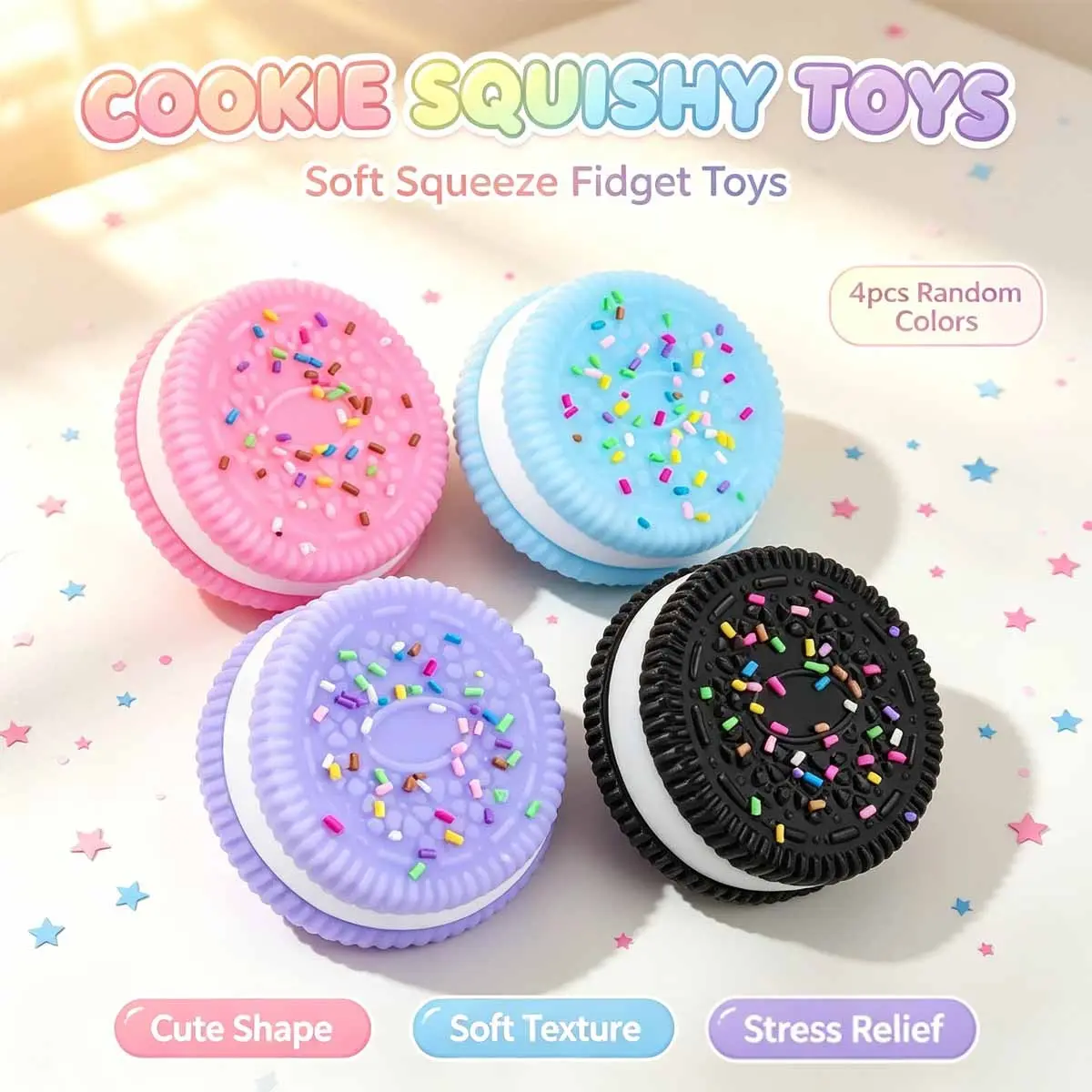 4pcs Cookie Squishy Fidget Toys Set, Anxiety Squishies, Random Color Soft Squeeze Sandwich Cookie Stress Relief Toy, Cute Food‑Shaped Sensory Toy for Kids & Adults