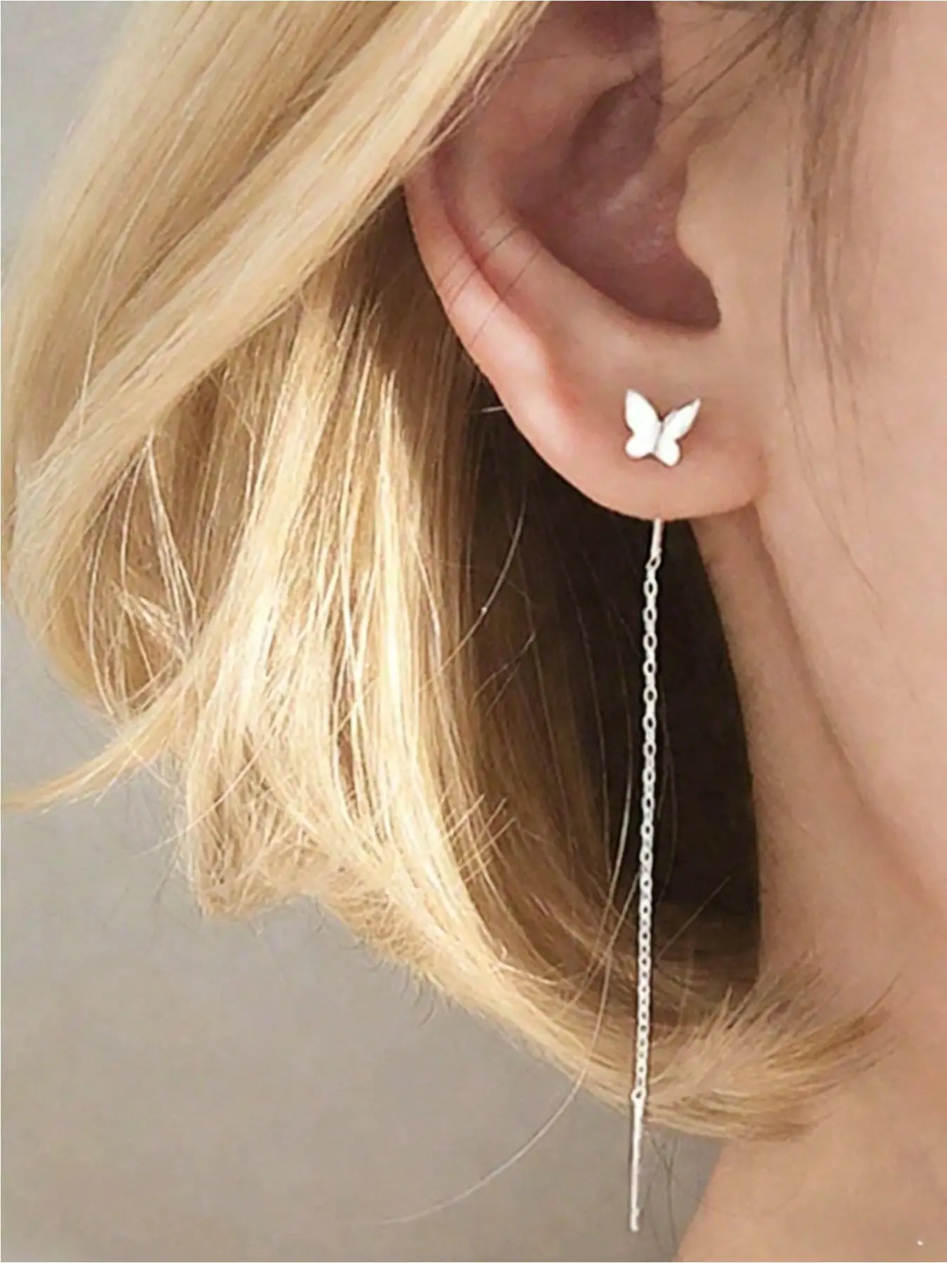 1pair Dainty Butterfly Threader Earrings, Silver Tone Long Chain Earrings, Versatile Accessory