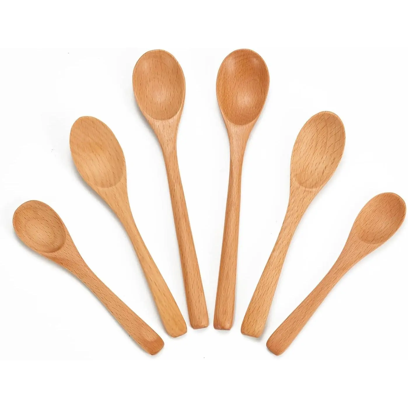 6 count Small Wooden Spoons for Eating, 3 Sizes Beech  Teaspoons |  Beech  Spoon Set - Includes 2 of Each Size (4.9", 5.9", 7.1") for Honey, , Coffee, Jam, Spices & Soup