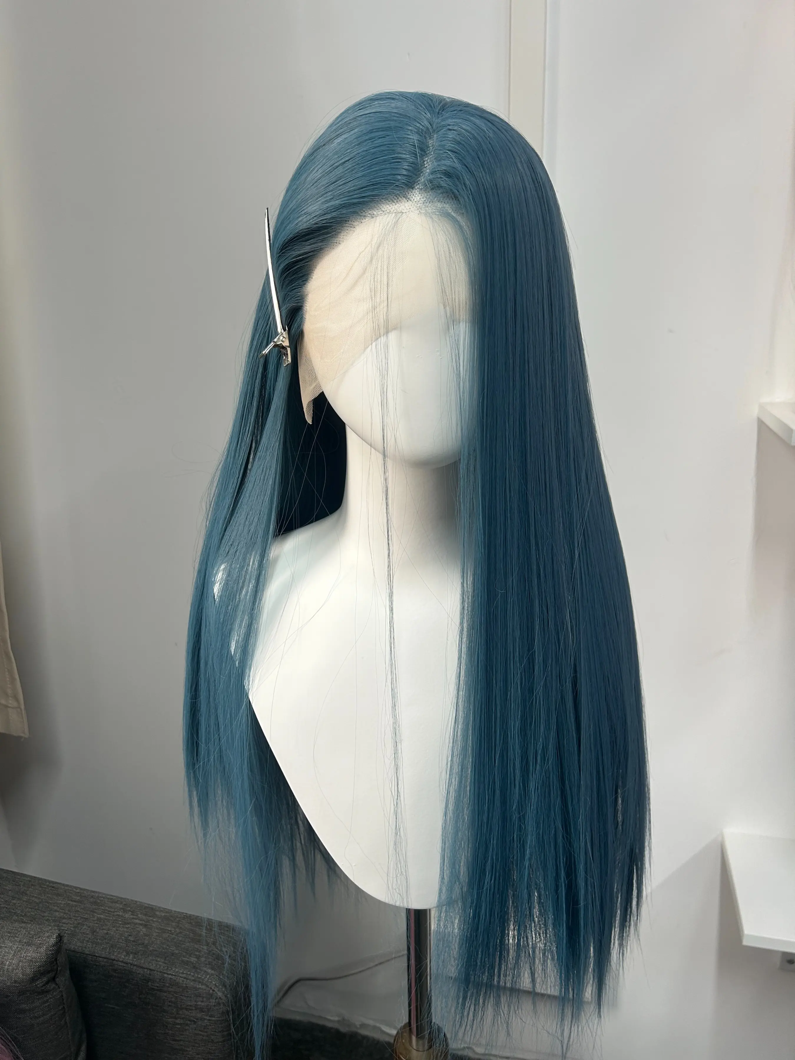 Smoke Blue Wig 26 Inch Long Straight Hair 13x4, Straight Lace Wig, High-Quality Synthetic Fiber, Free Parting Natural Looking Style, Perfect for Daily Wear & Special Occasions