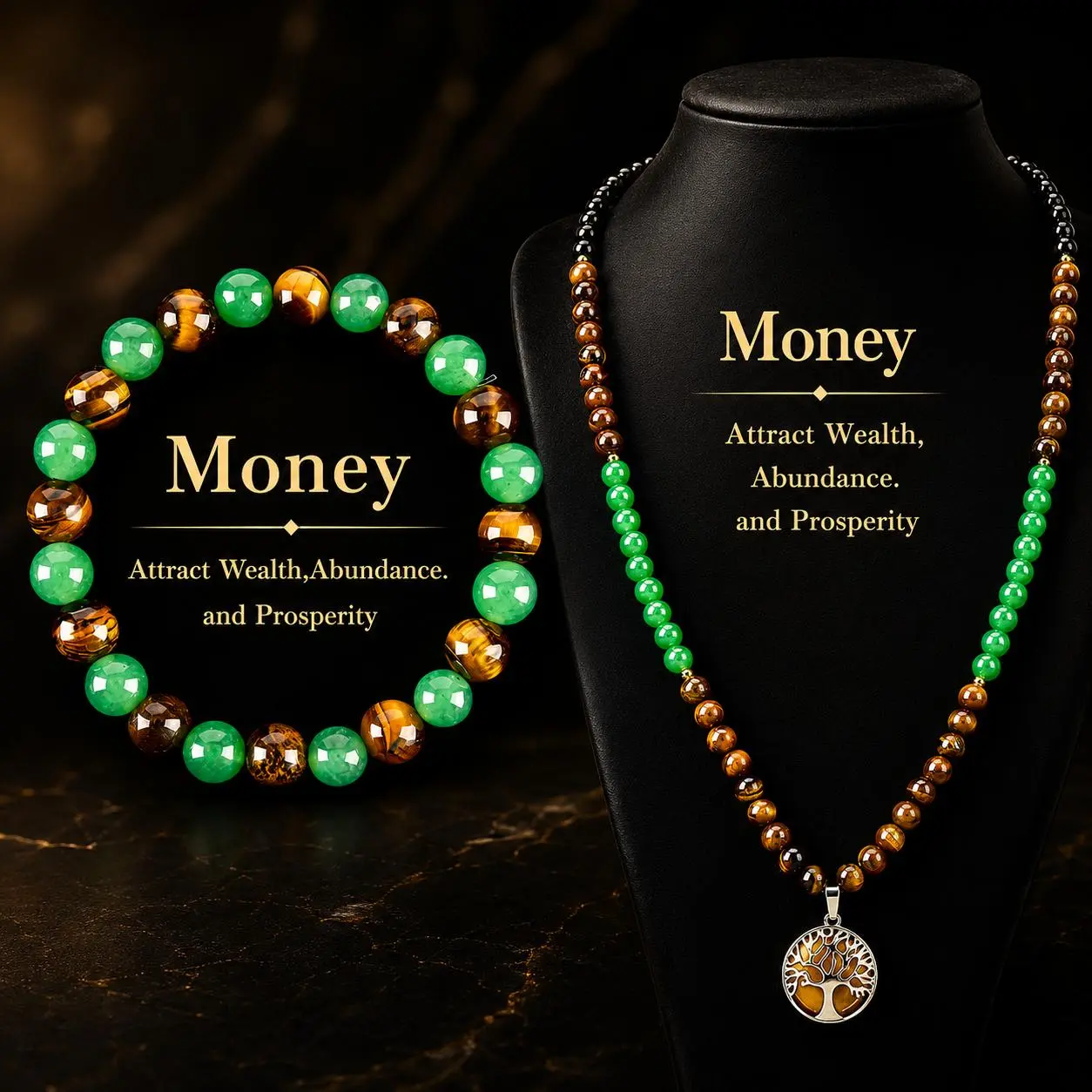 ARPURRAINA Unisex 2-Piece Feng Shui Jewelry Set, Fashion Tree of Life Crystal Necklace and Beaded Bracelet for Wealth Attraction and Daily Wear, Money Attraction Bracelet, Metal Coating, Beads, 74/29.3 In, 25 G, 77.4 G, Two Piece Set, Everyday