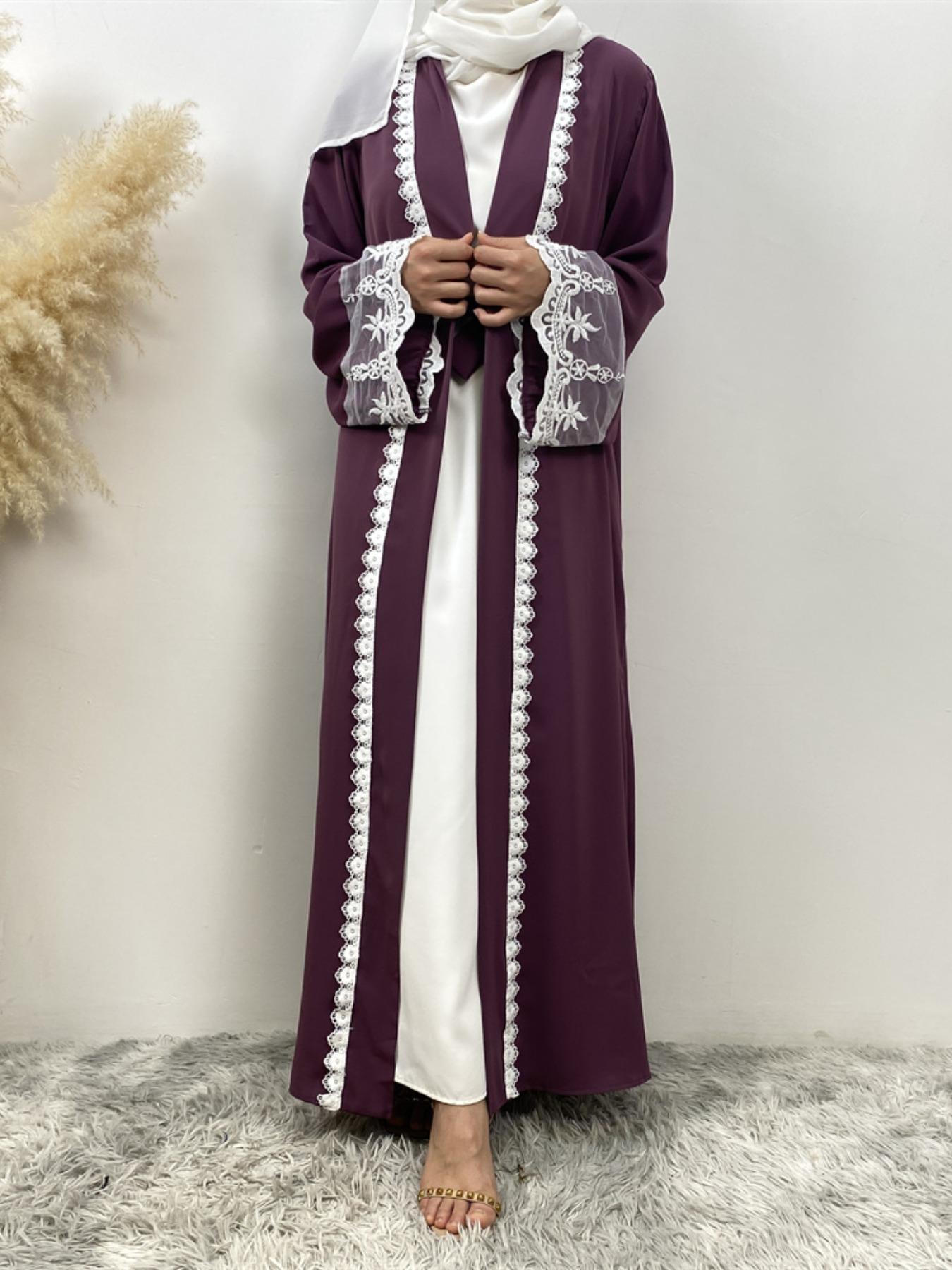 Women's Contrast Lace Belted, Elegant Long Sleeve Open Front Abaya Modesty Abaya for Party Holiday Vacation, Ladies Islamic Clothing for All Seasons