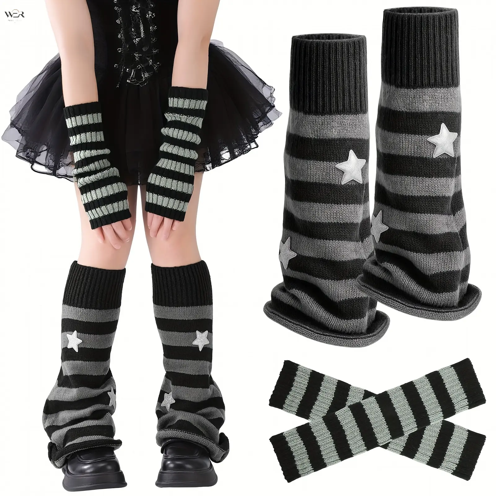 Y2K Goth Striped Knit Leg Warmers and Fingerless Arm Warmers Set, Star Decor Slouchy Leg Covers, Elastic Soft Knitted Sock Cuffs Gloves for Women Girls, Punk Gothic Cosplay Party Street Fashion Outfit Accessories