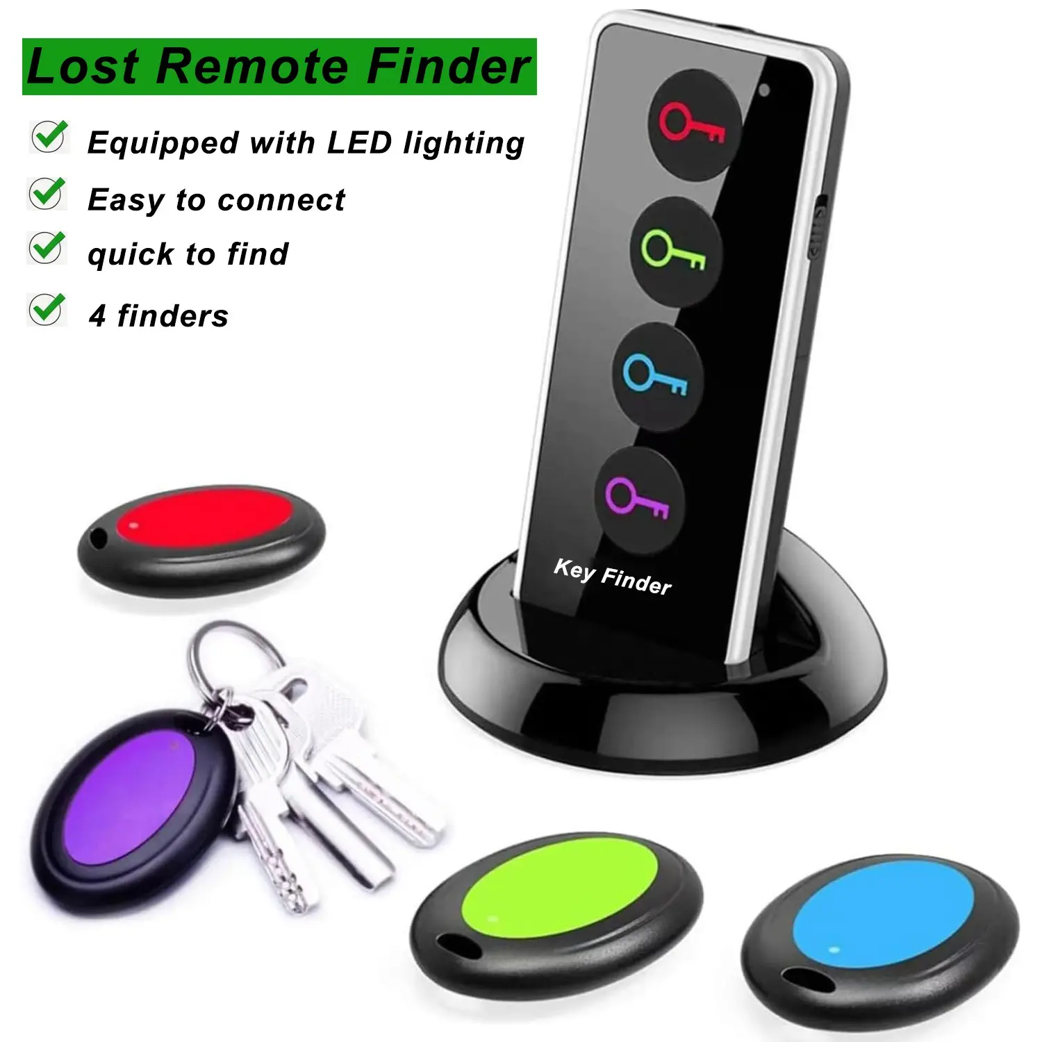 4 Key Finders, Voice-Activated Remote Locator, 131ft Range, LED Light, Sound Function, Wireless Key Finder, Phone, Glasses, Pet Tracker