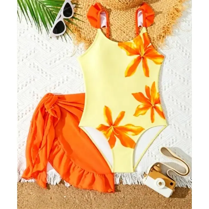 Tween Girls Floral Printed 1pc Swimsuit, Elevated Style for Summer Holiday & Beach Tween Girl Swimsuit Orange Swimsuit Swimsuits for Tweens Tween Girl Ruffle Swimsuit Tween Swimwear with Sarong Beach Dress kids loungewear