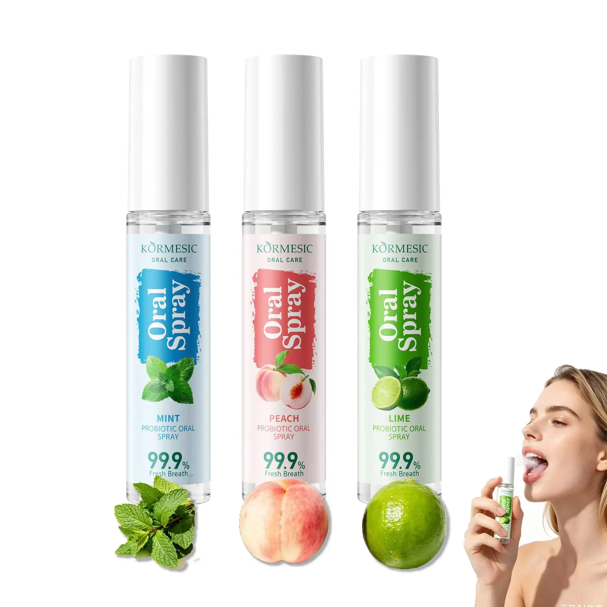 (3 PCS) Fruit-flavored Crystal Oral Spray - 3 natural fragrances - Long-lasting fragrance - Light and non-greasy - Long-lasting aroma, portable breath freshener formula - Peach, mint, lime flavors