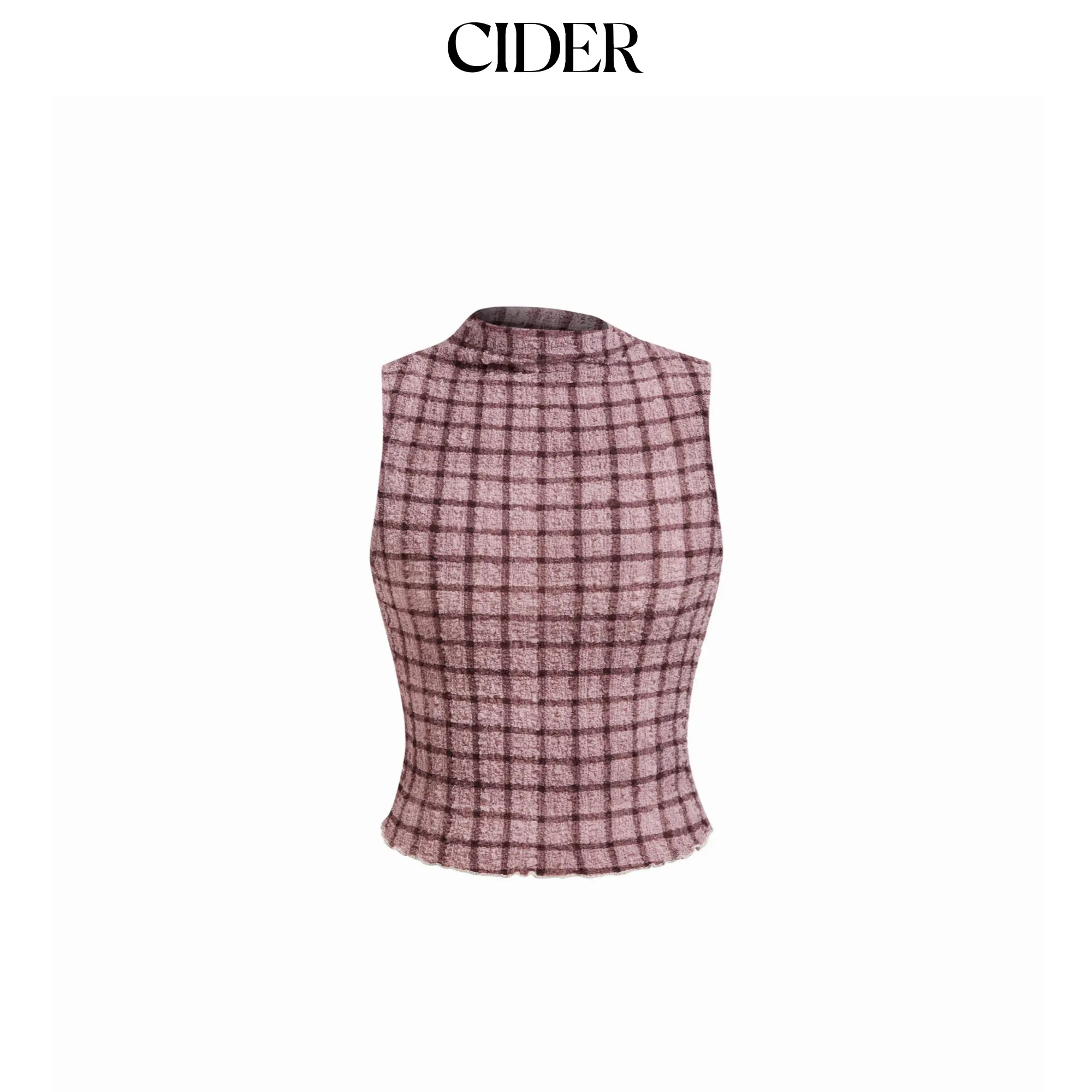 Cider High Stretch Turtleneck Checks Ruched Hem Top