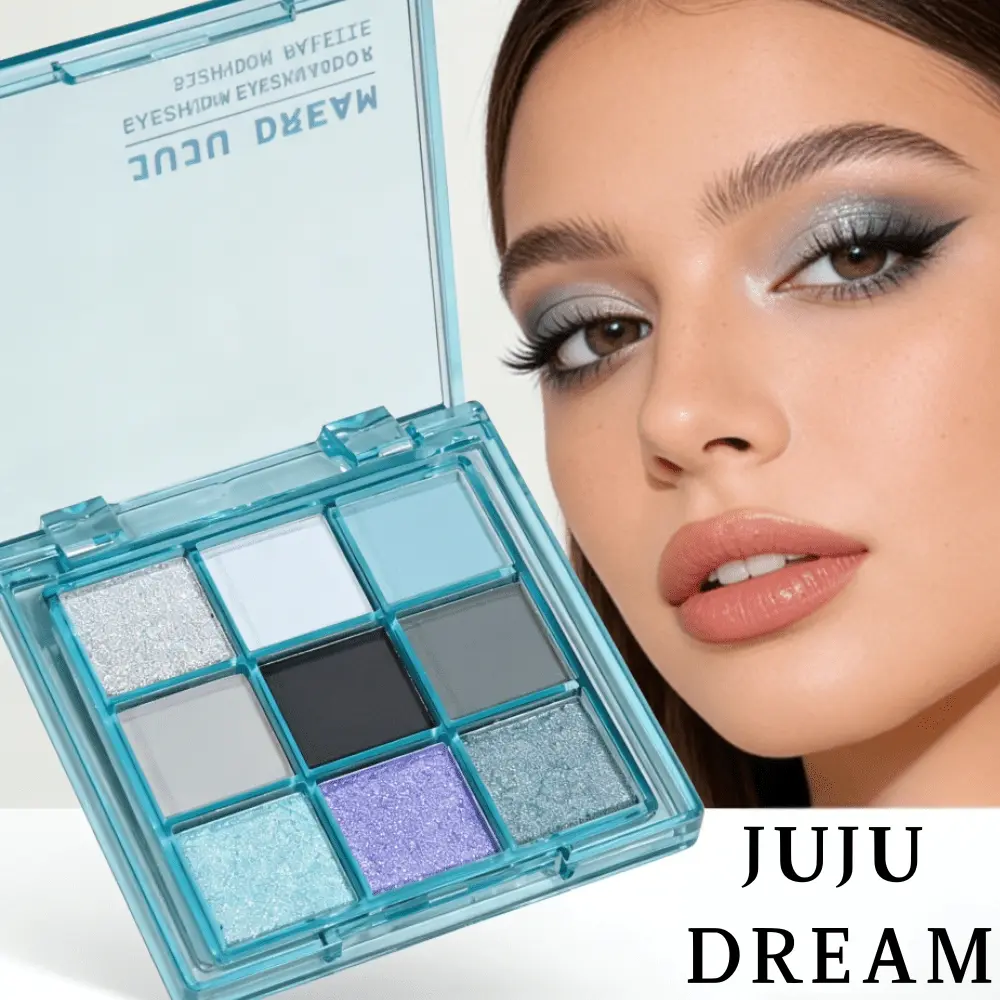 JUJU DREAM 9 Shades Cool Blue Grey Eyeshadow Palette, Silky Blendable Pigment With Minimal Flyaway Powder, Create Cool Smoky Grunge Eye, Mermaid Sparkle Eye Looks, Transparent Cyan Compact, For Creative Trendy Makeup Lovers, Shimmer Sparkle Palette