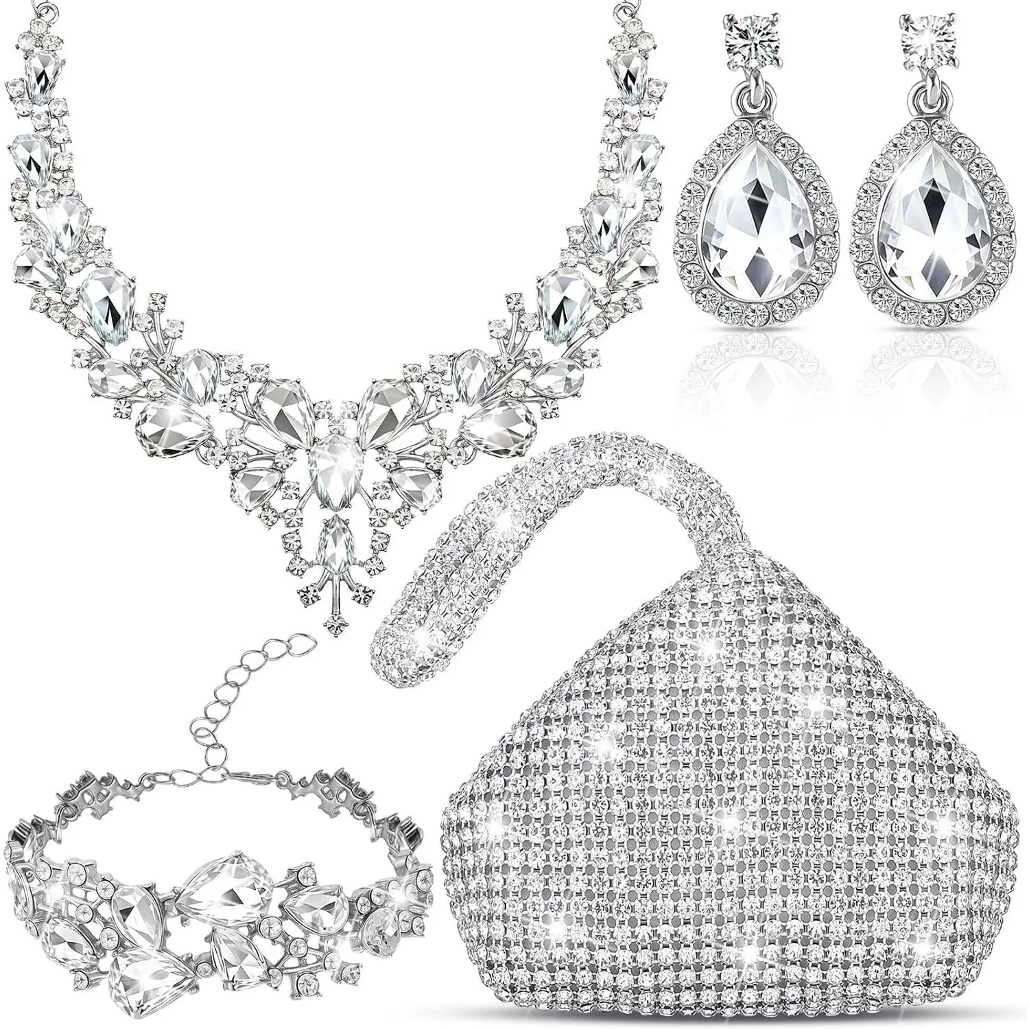 4 count Women Rhinestone  Set Triangle Clutch Purse   Necklace Bracelet Earrings for Wedding