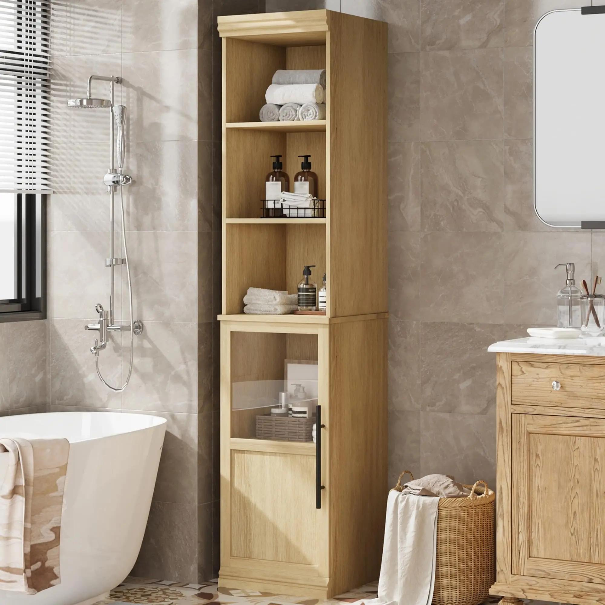 Garvee 70 Inch Tall Narrow Storage Cabinet with Open Shelves for Small Spaces, Bathroom, Laundry Room Corner