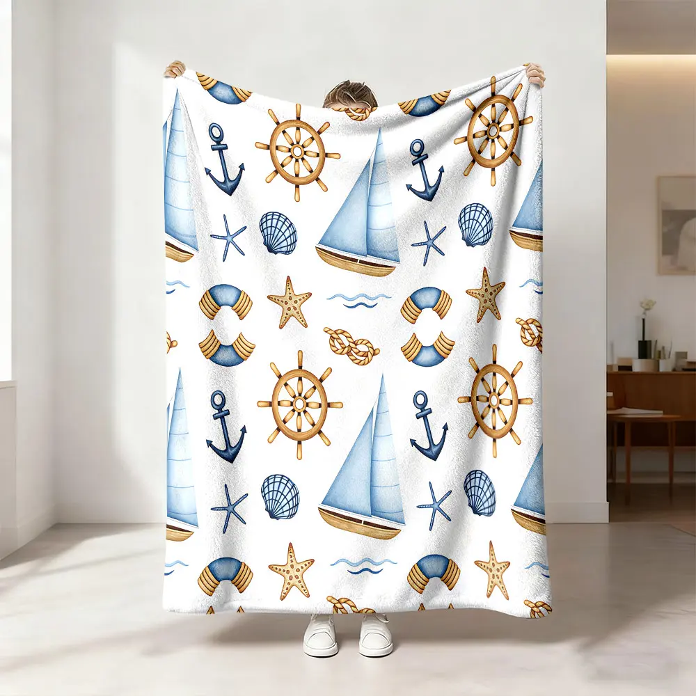 A hand-painted flannel blanket featuring nautical elements, which is soft and comfortable, suitable for use as a bed blanket, sofa blanket, camping blanket, and for various other purposes, and can be used all year round.