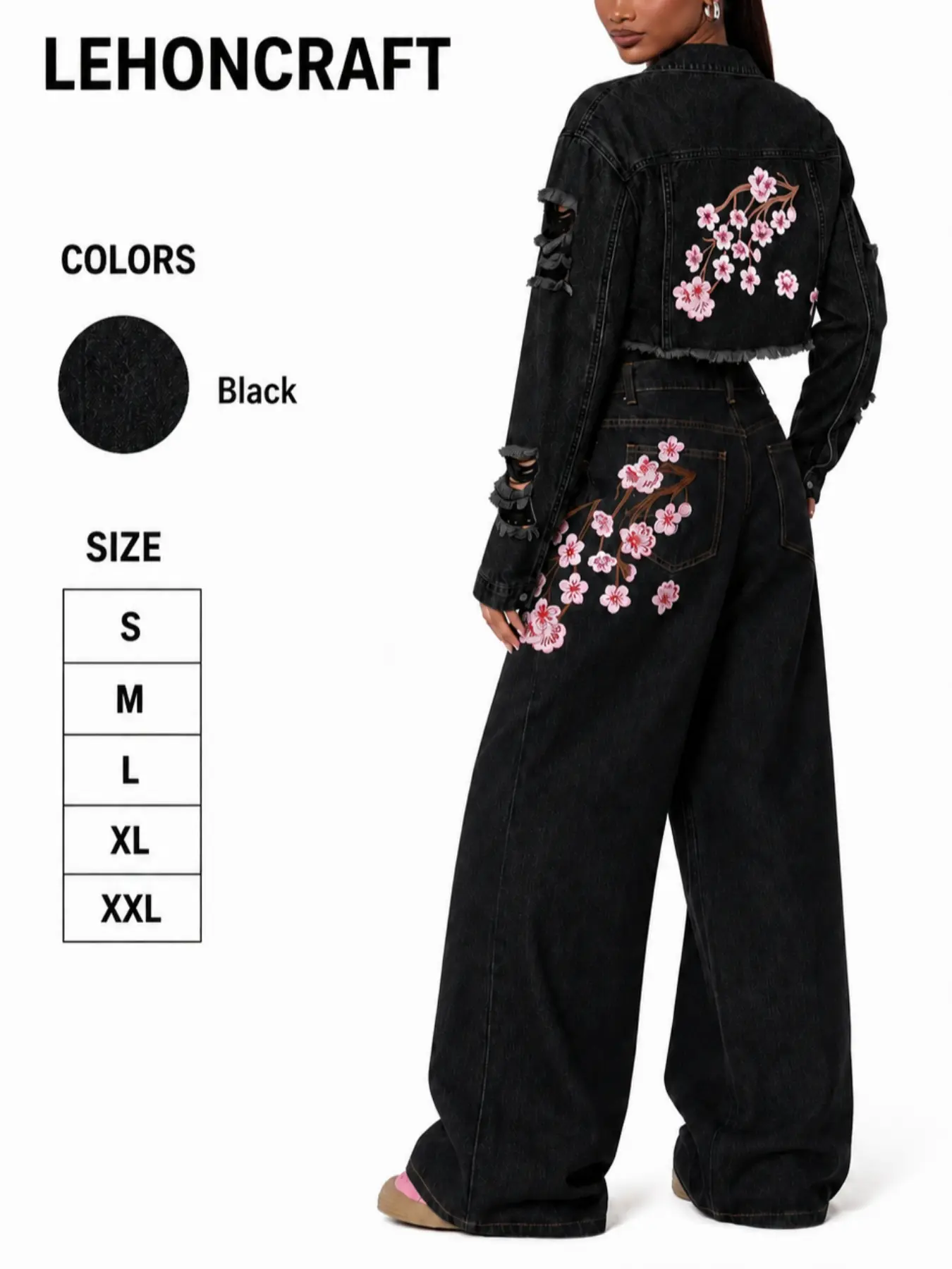 2 Piece Women’s Embroidered Denim Set, Distressed Cropped Jacket & High Waisted Baggy Wide Leg Jeans, Y2K Casual Streetwear Outfit