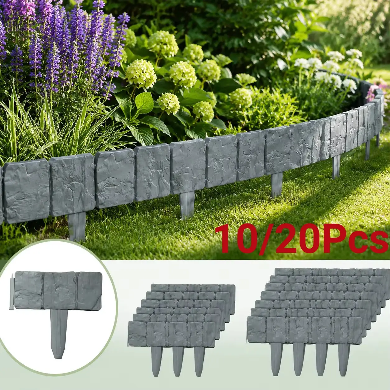 20/10 piece plastic fence, garden fence, outdoor foldable splicing imitation stone fence, suitable for courtyard lawn villa decoration, splicing fence, Decorative Garden Fence