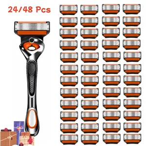 Men's Shaving Razor Set - 24/48 Count Ultra-Sharp Durable Stainless Steel Blades, Safe & Smooth Painless Razor with 2 Non-Slip Handles