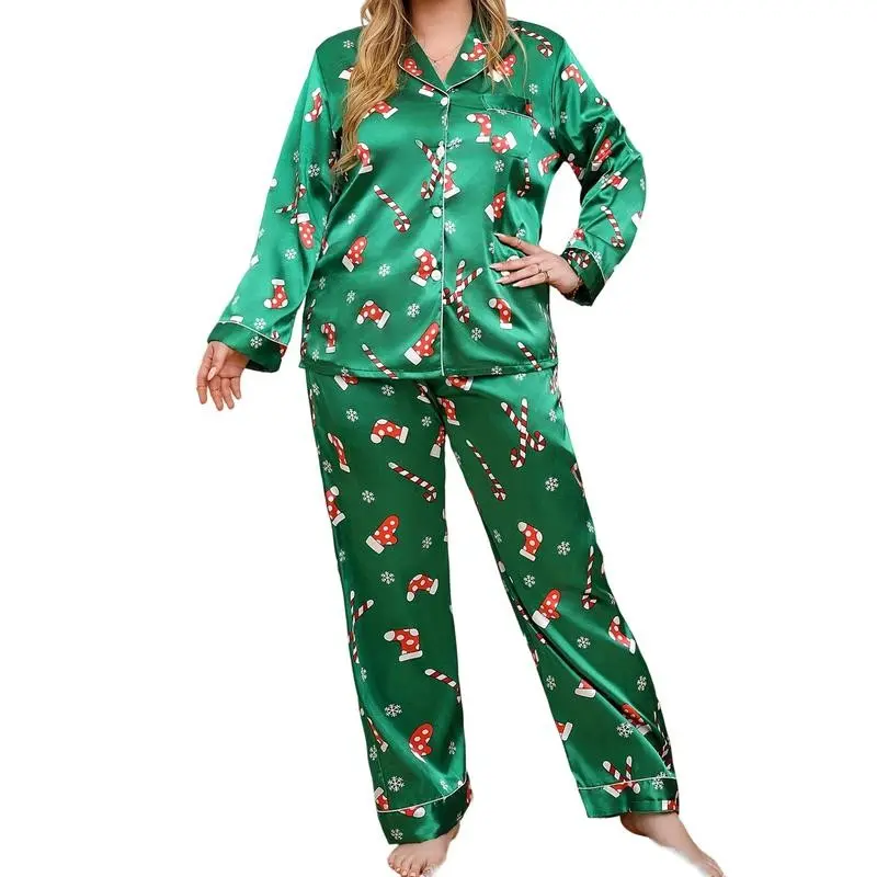 Plus Size Christmas Pajamas Set for Women Candy Snowflake Long Sleeve Tops and Pants 2 Piece Sleepwear Outfit