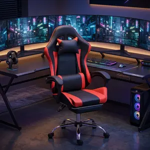 Massage Ergonomic Gaming Chair for Adults with Lumbar Support, Adjustable Headrest & Retractable Footrest, 90-135° Reclining, 360° Swivel Racing Video Game Chair, Comfort Computer Desk Chair for Gaming Room Office Bedroom Black White