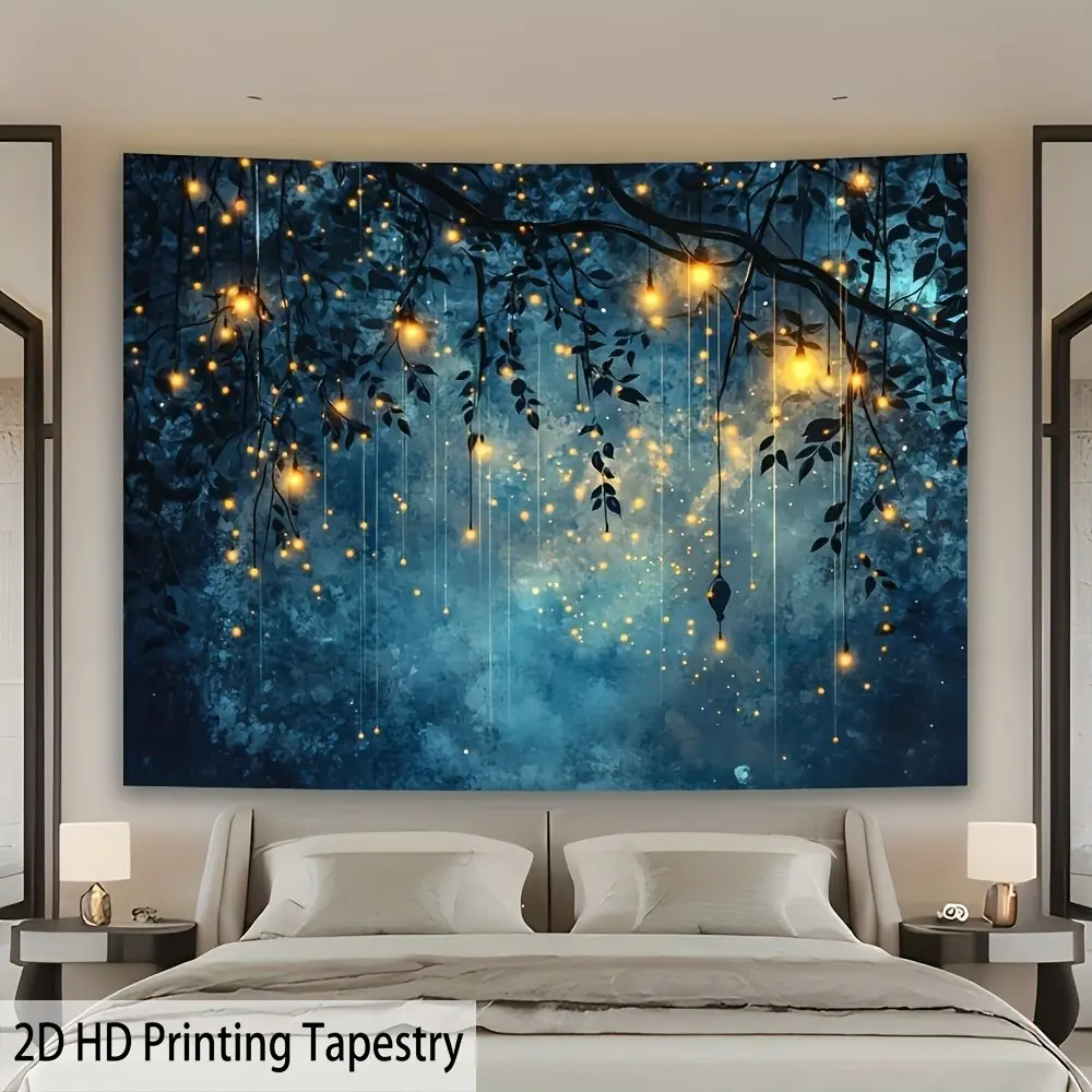 2D Flat Firefly Forest Banner | Glowing Lanterns & Enchanted Woodland Backdrop | Single-Sided Polyester | Metal Grommets for Easy Hanging | Perfect for Bedroom, Living Room, Fairy Garden, Party & Photo Booth Decor