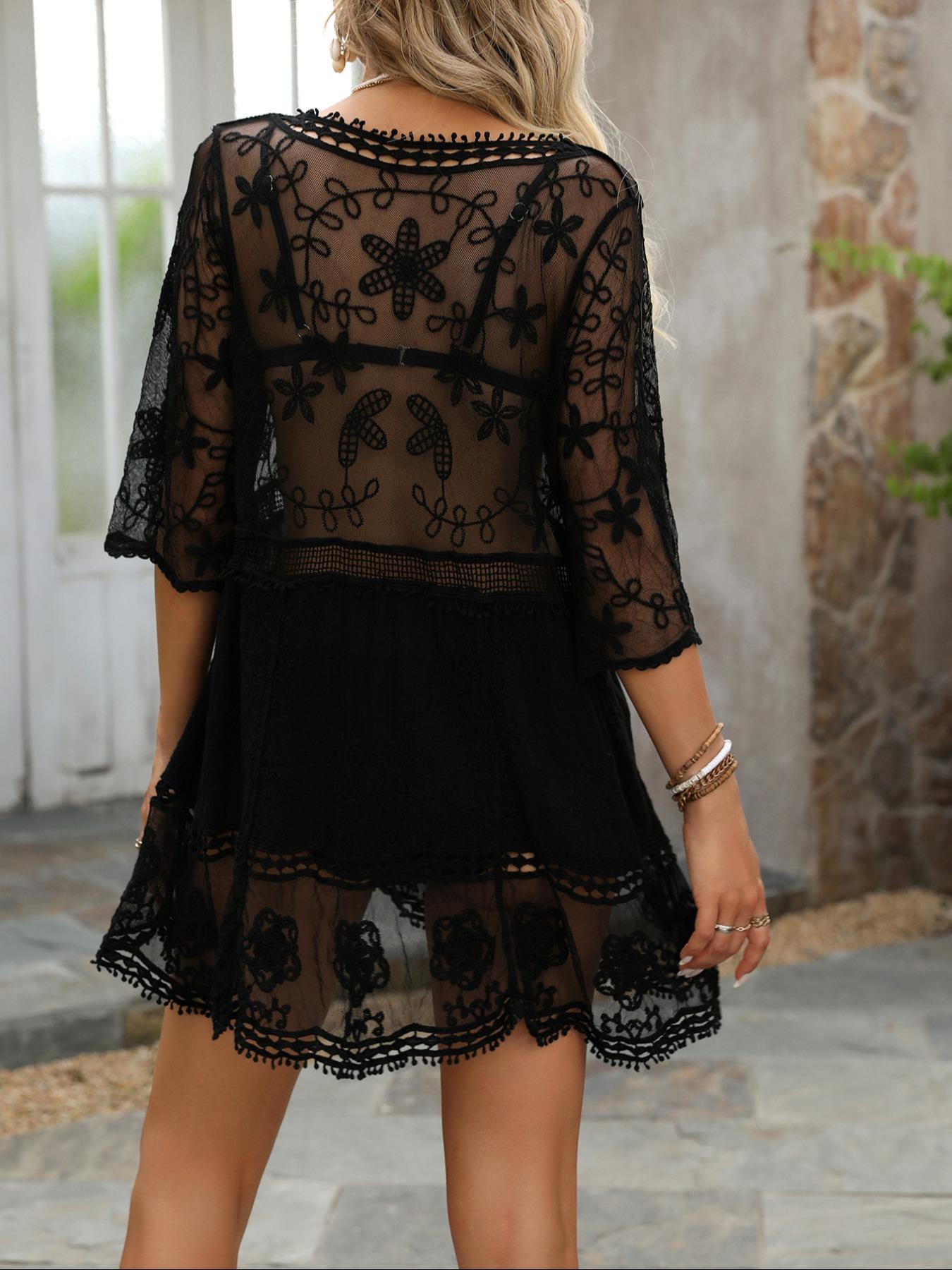 Women's Plants Embroidery Sheer Ruffle Cover Up Dress, Boho 3/4 Sleeve Deep V Neck Mesh Cover Up Dress for Beach Holiday Vacation, Ladies Spring & Fall Clothes, Beach Cover Ups