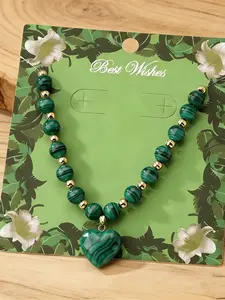 Bohemian Ethnic Style Fake Malachite Heart Pendant Beaded Necklace for Women, Vintage Casual All-Season Jewelry for Parties and Holidays