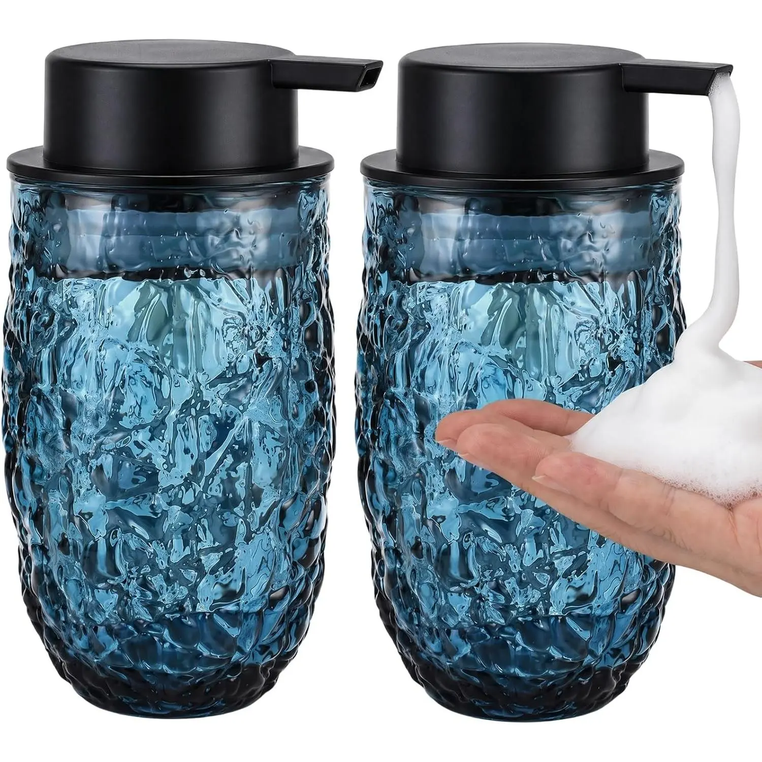 2-Pack Blue Glass Foaming Soap Dispenser Set, 14 OZ Refillable Foam Soap Dispenser, Elegant Ice Crackle Foaming Hand Soap Dispenser with Matte Black ABS Pump for Bathroom and Kitchen Countertop