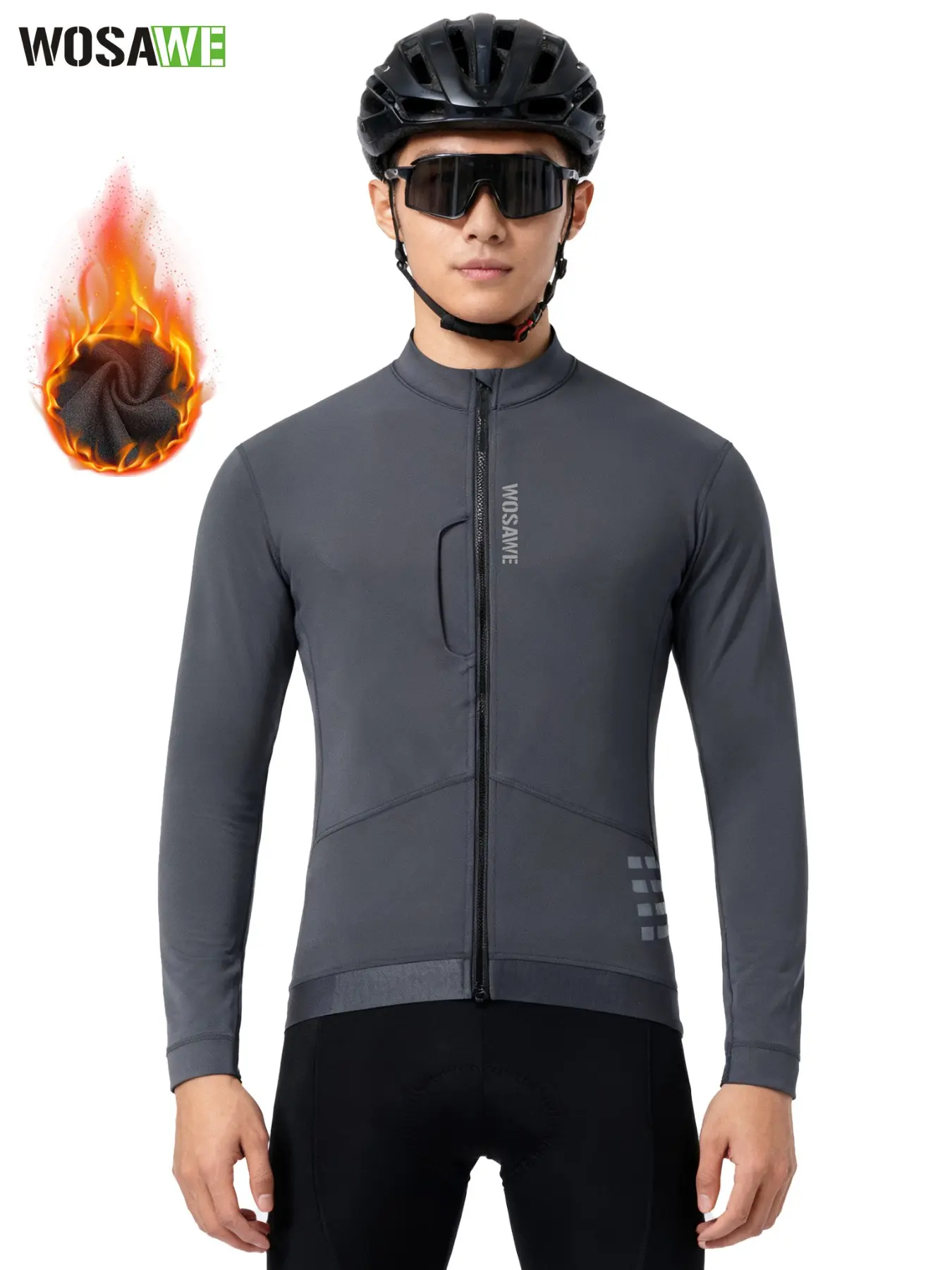 WOSAWE Men's Thermal Cycling Jersey - Soft Stretchy Warm Fabric, 2-Way Zipper, 4-Pocket Windproof Riding Gear