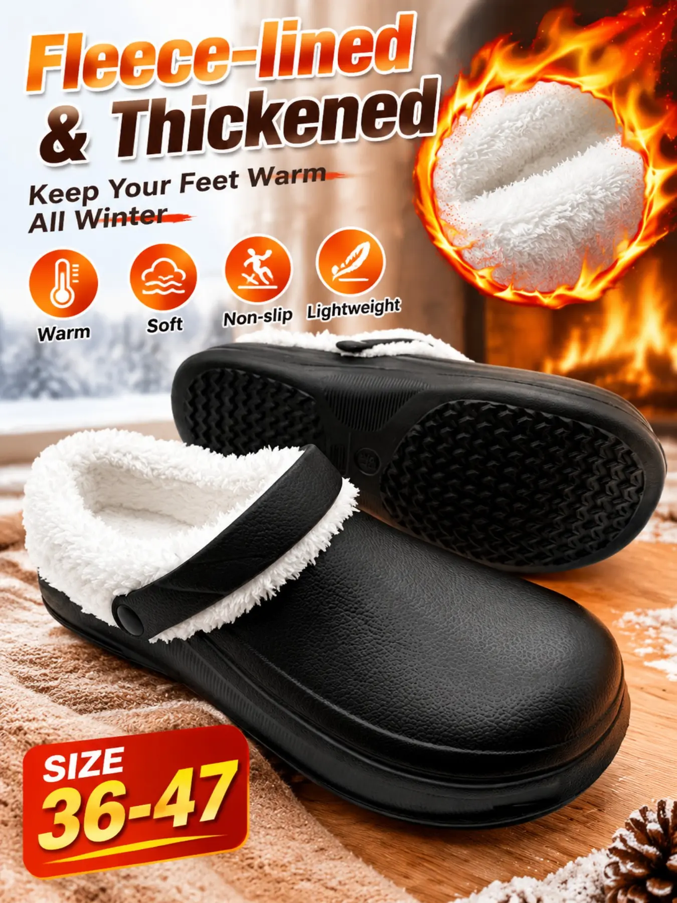 Warm Fuzzy Clog Slippers, Non-Slip Durable Comfort Shock Absorption, Simple Solid Color Plush Lining, Ideal for Home Office Daily Wear, Unisex Couple Style, Flat Slippers