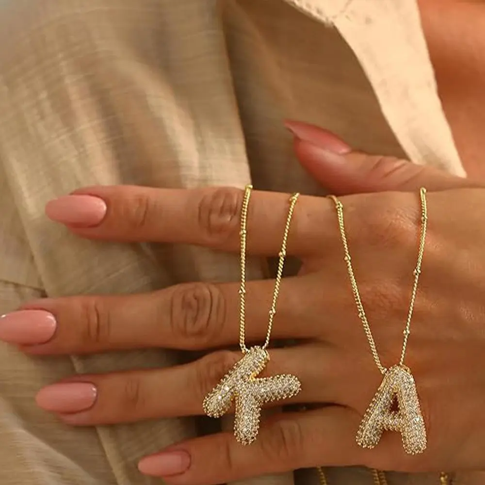 14k Gold Plated Necklace Shiny Cubic Zirconia A-Z Letter Personalized Pendant Bubble Balloon Dainty Chunky Initial Charm Pendant Necklace Festivals, Birthdays Gift