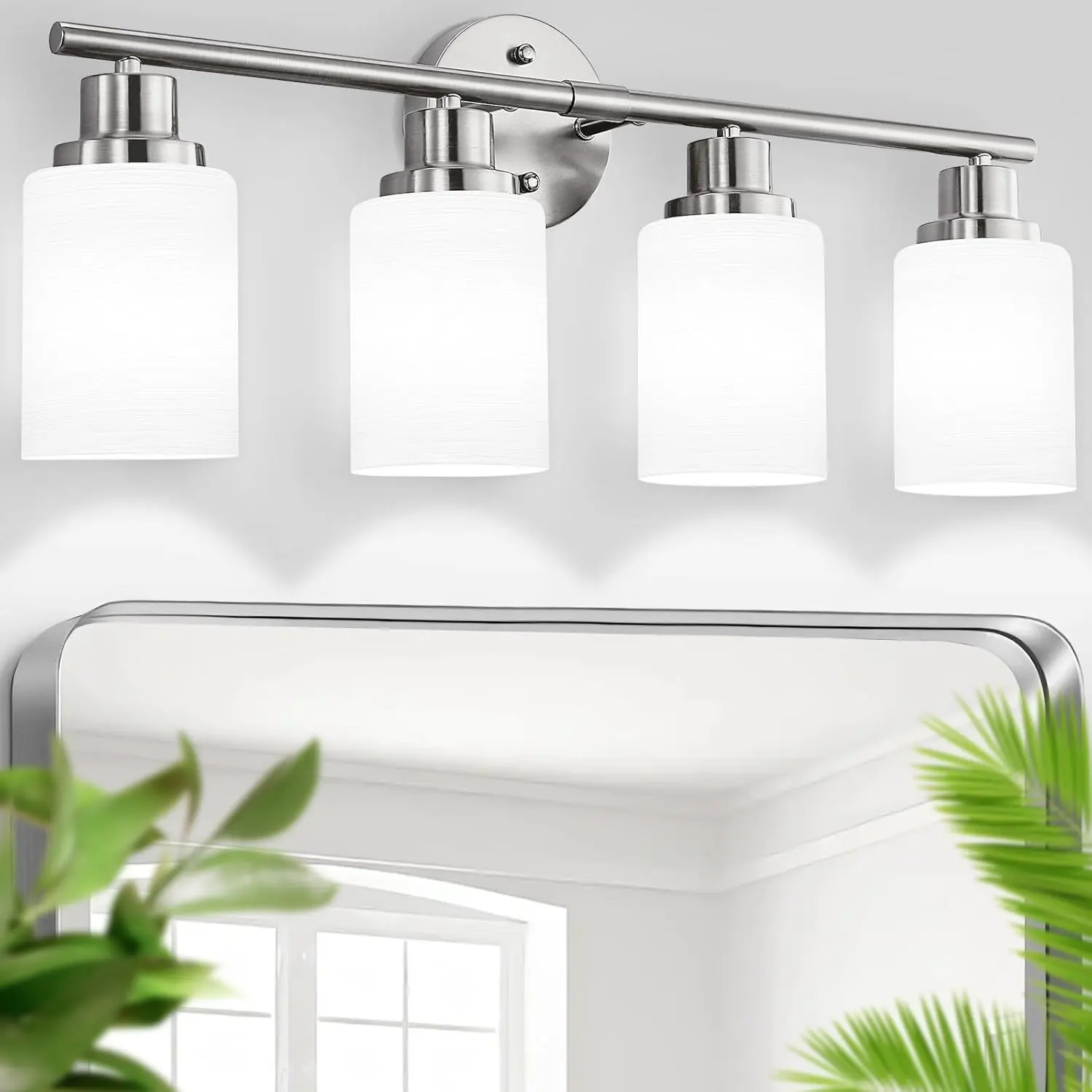 4-Light Brushed Nickel Vanity Lights for Mirror, Bathroom Light Fixtures with Textured Milky White Glass Shade, Modern Kitchen Light Fixtures Wall Sconce Light - E26 Base