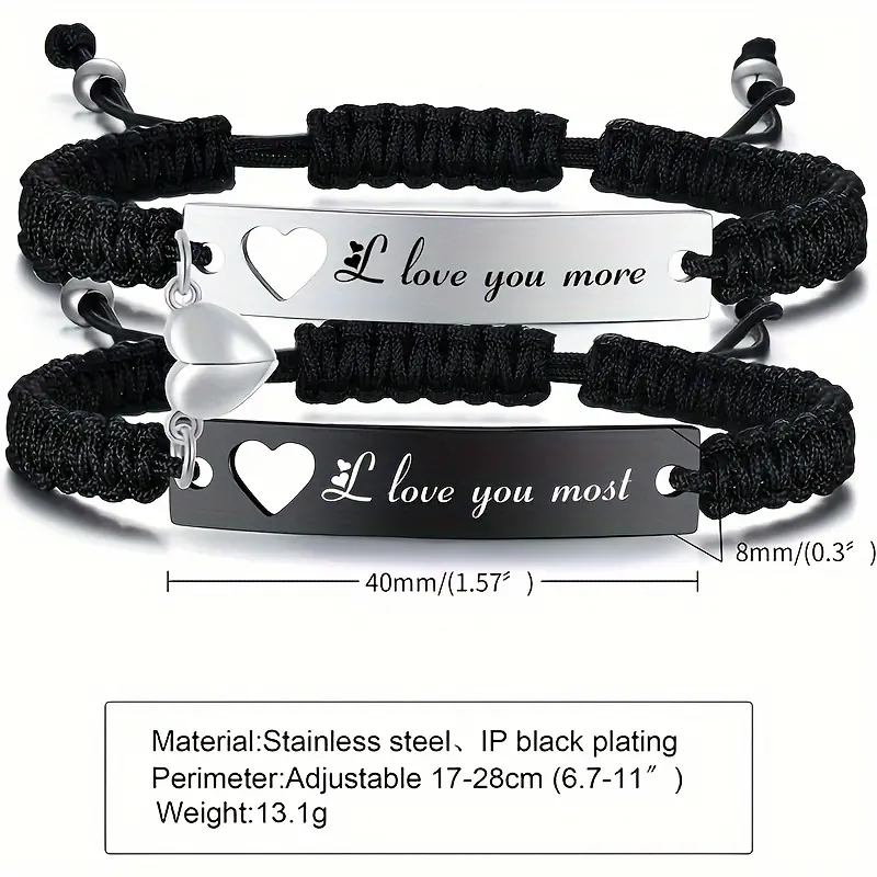 1 Pair Heart Matching Couples Bracelets - Adjustable Braided I Love My Boyfriend Girlfriend Long Distance Bracelets, Lovers His Hers Relationship Promise Bracelet Jewelry Anniversary Christmas Birthday Gifts