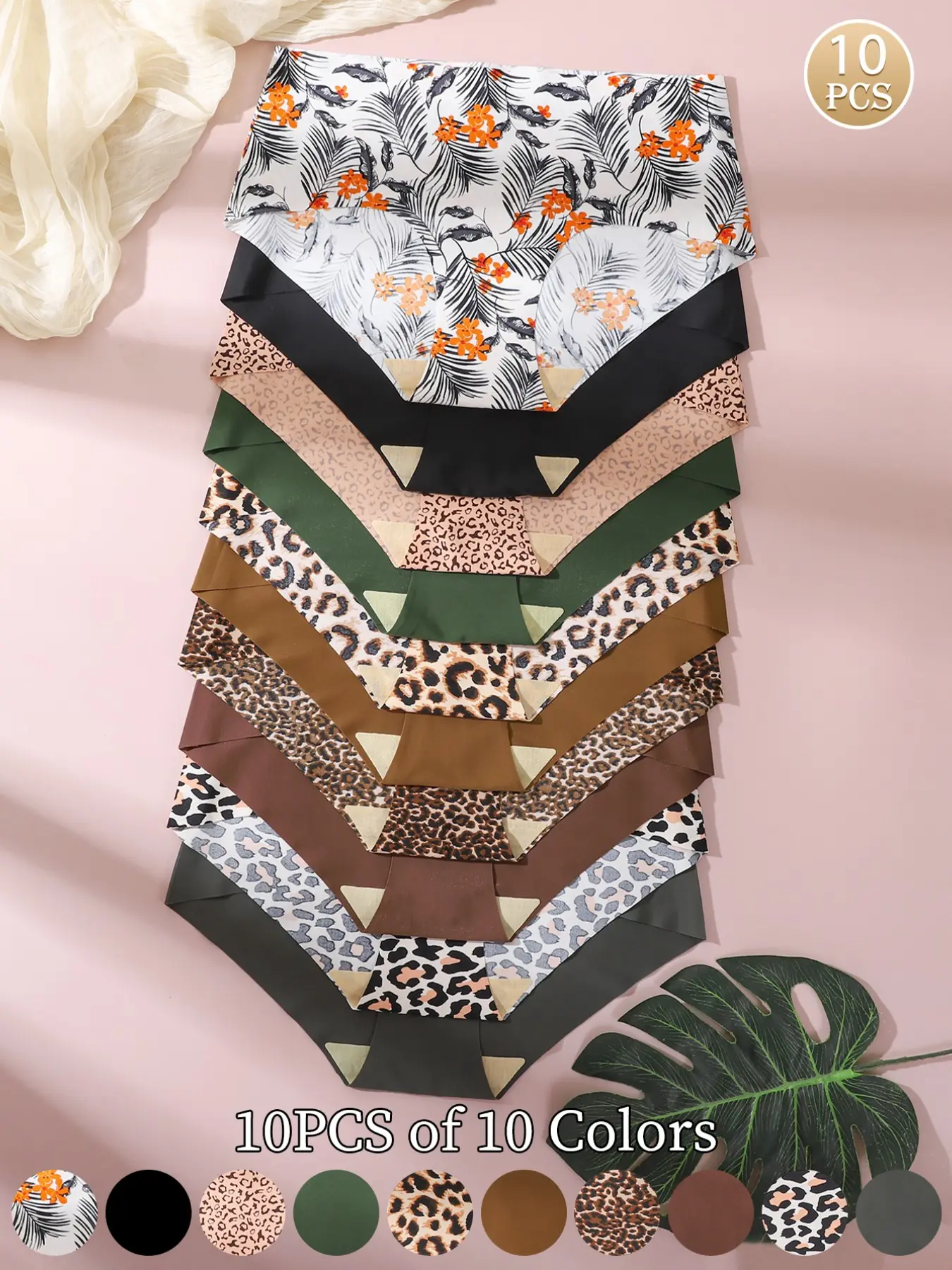 Leopard Print & Cherry Blossom Floral Women's Triangle Panties, Fashion Comfy Underwear, Casual Comfy Panties, Seamless One-Piece Waistband, Comfortable Fit, 10-Pack Set