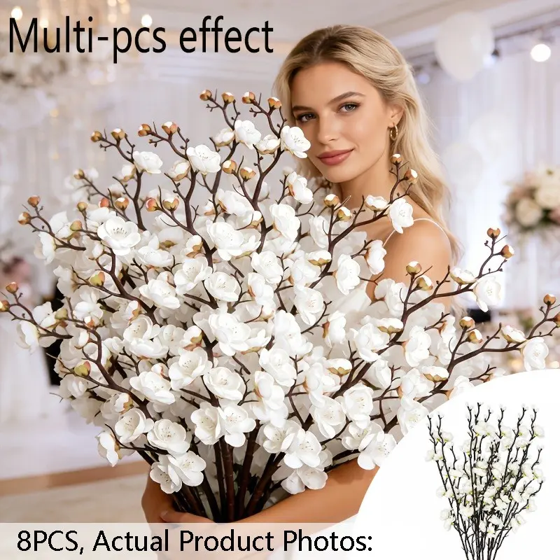 8PCS White Artificial Plum Blossom Branches, Holiday Floral Decor, Artificial Decorative Flowers, Realistic Long-Stem Faux Flowers, For Table Centerpieces, Garden Arrangements, Home, Wedding, and Party Decorations (Vase not included)